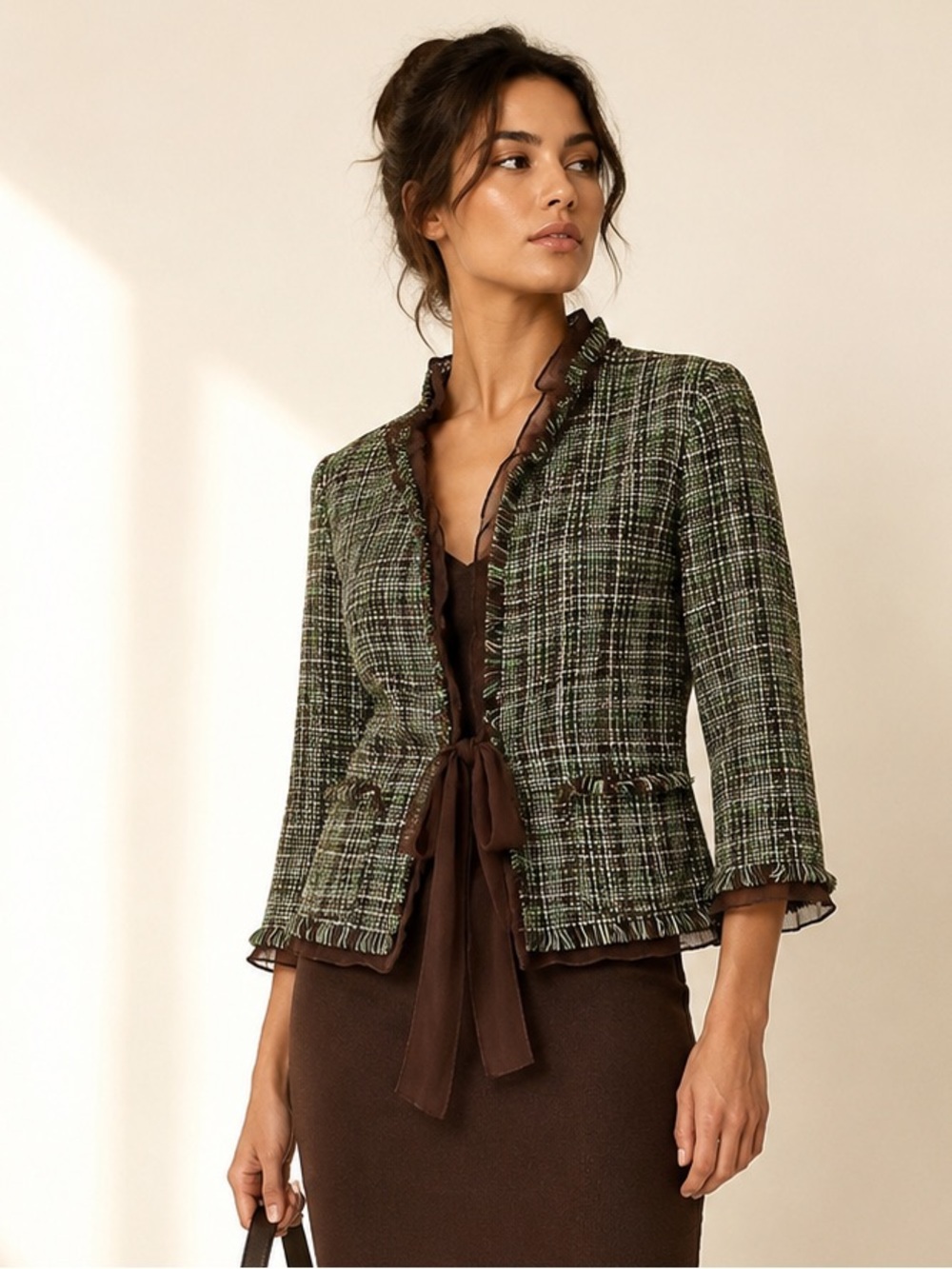 Julie Mitchell Vintage Y2K Tweed Chiffon Tie Front Blazer Fringe Sz 12